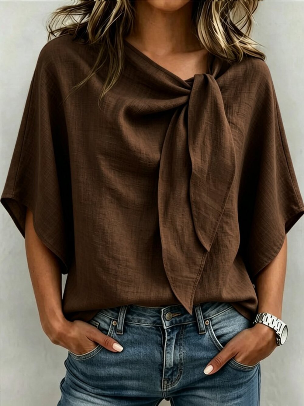 Brown Casual Women's Twist Loose Fit Round Neck Plain Raglan Sleeve Top